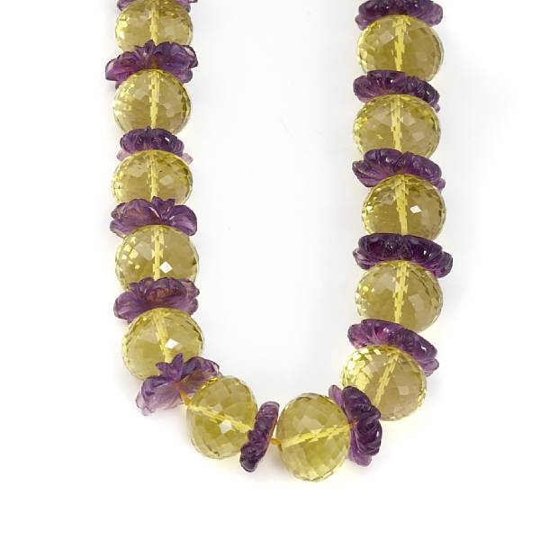 Appraisal: Carved Amethyst and Lemon Citrine Necklace Consisting of large faceted