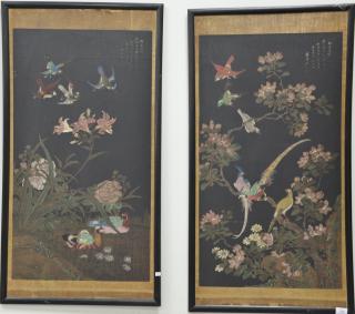 Appraisal: Pair of Oriental oil on black silk paintings of birds