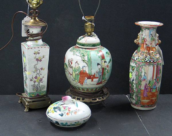 Appraisal: Four polychrome enameled porcelians Including a famille verte covered jar