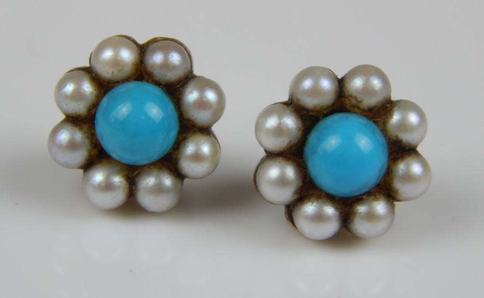 Appraisal: A pair of seed pearl and turquoise earrings each in