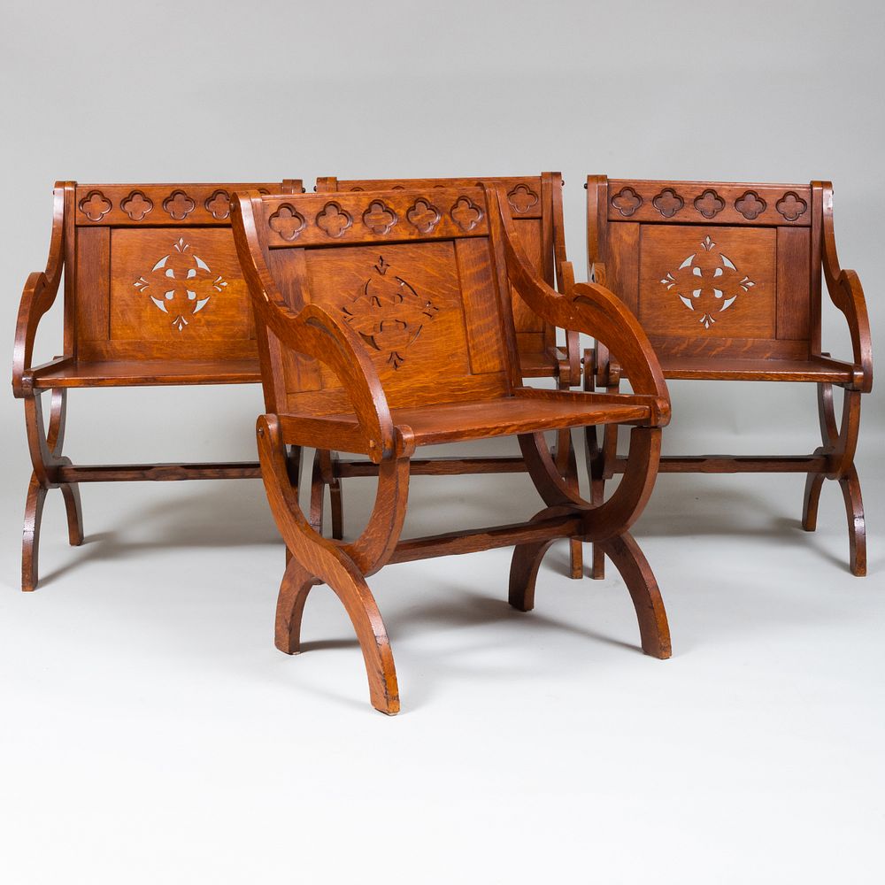 Appraisal: Four English Neo-Gothic Oak Arm Chairs x x in height