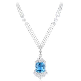 Appraisal: An Aquamarine Diamond and Pearl Necklace Featuring a modified brilliant-cut