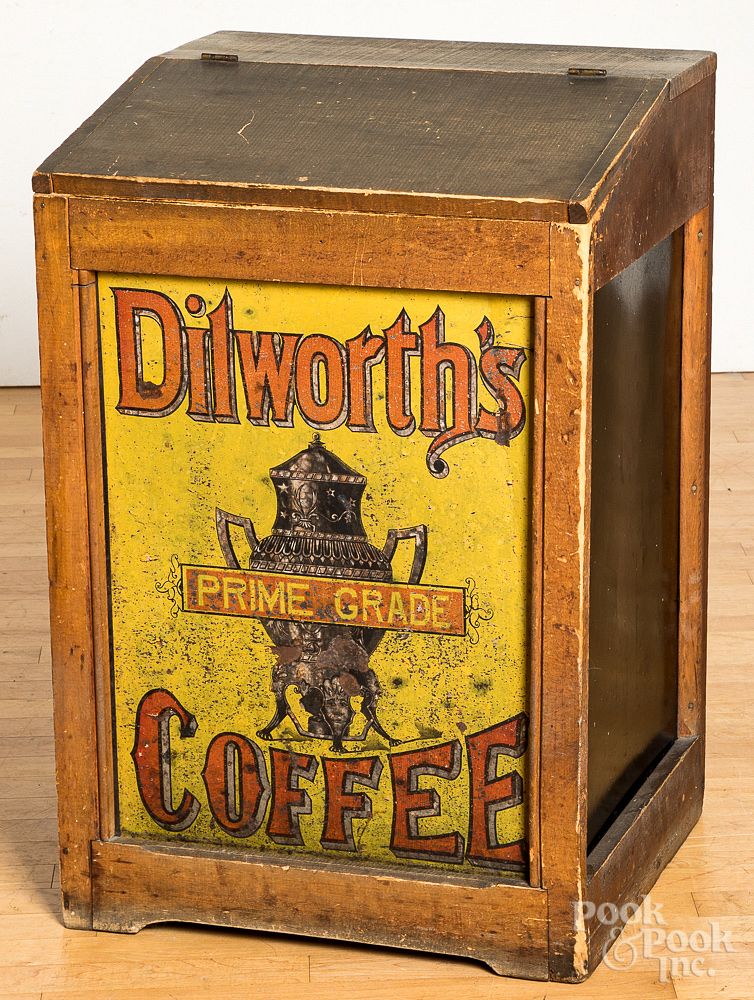 Appraisal: Painted pine and tin Dilworth's Coffee bin Painted pine and