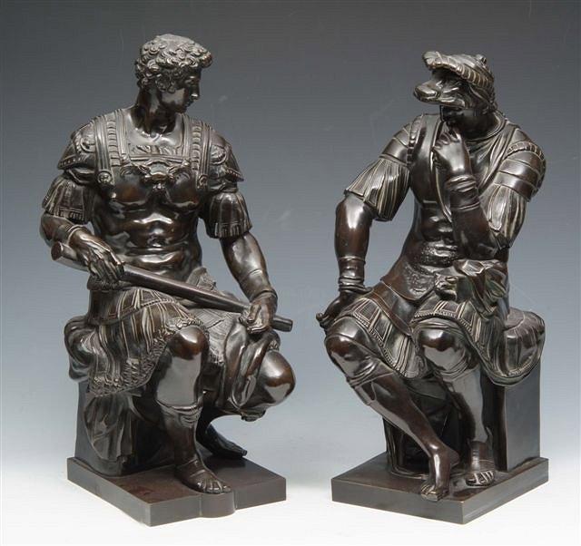 Appraisal: AFTER MICHAELANGELOA pair of bronze figures depicting Giuliano de Medici