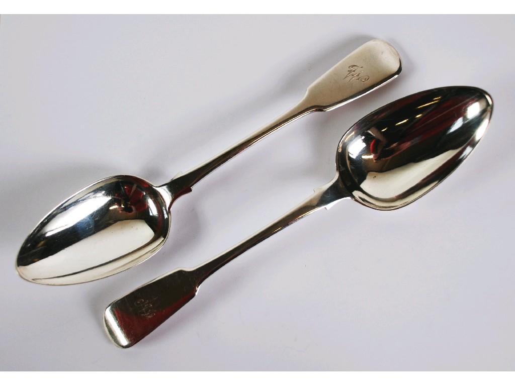 Appraisal: PAIR OF GEORGE III FIDDLE PATTERN SILVER TABLESPOONS by John