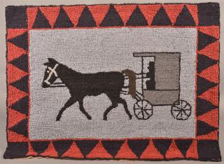 Appraisal: Amish Horse and Buggy Hooked Rug Mounted on wood stretcher