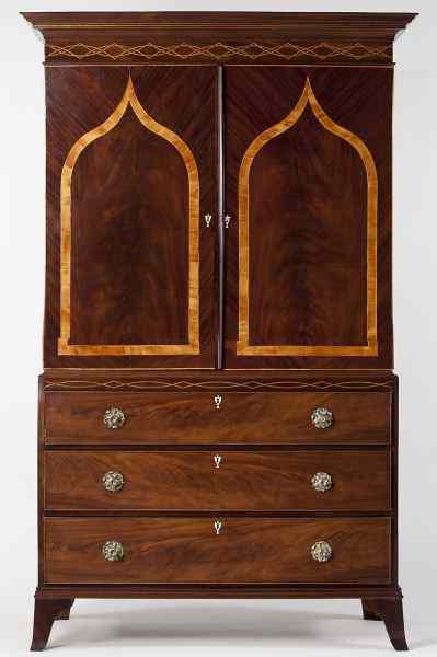 Appraisal: George III Inlaid Linen Presscirca three part form mahogany and