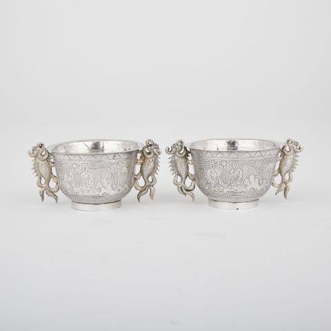 Appraisal: Pair of Silver Fish Dragon Ceremonial Cups Macau Early th