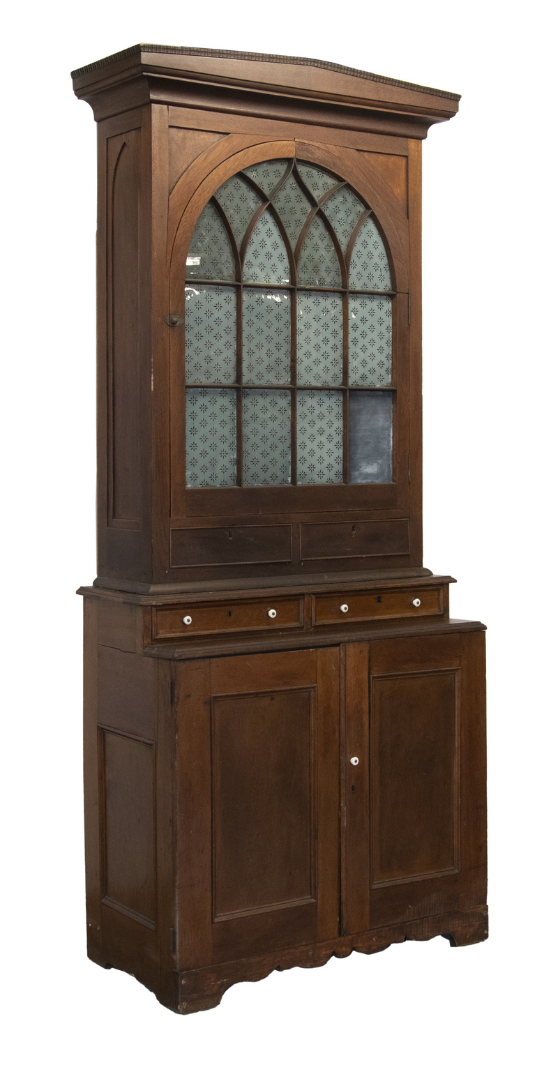 Appraisal: TWO-PART GOTHIC REVIVAL STEPBACK CUPBOARD Circa American Red Walnut having