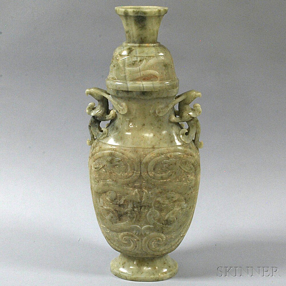 Appraisal: Hardstone Covered Vase China baluster-shape with splayed foot flattened sides