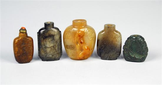 Appraisal: COLLECTION OF FIVE CHINESE CARVED HARDSTONE SNUFF BOTTLES Condition one