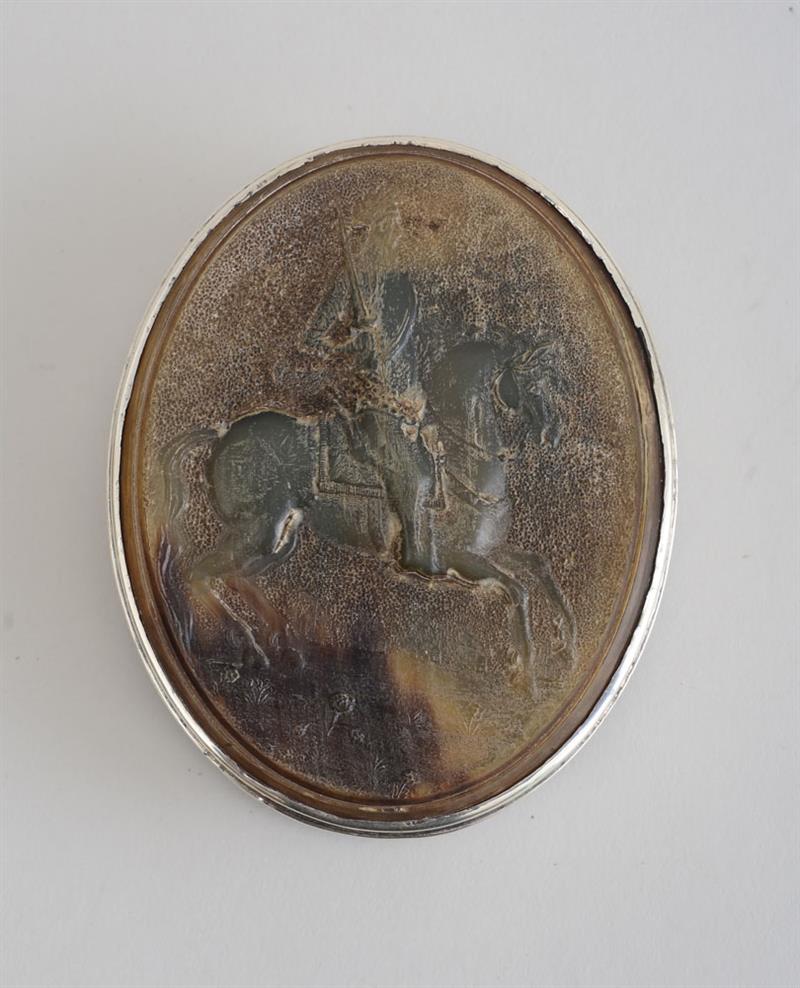 Appraisal: GEORGE II SILVER-MOUNTED HORN SNUFF BOX The oval pressed lid