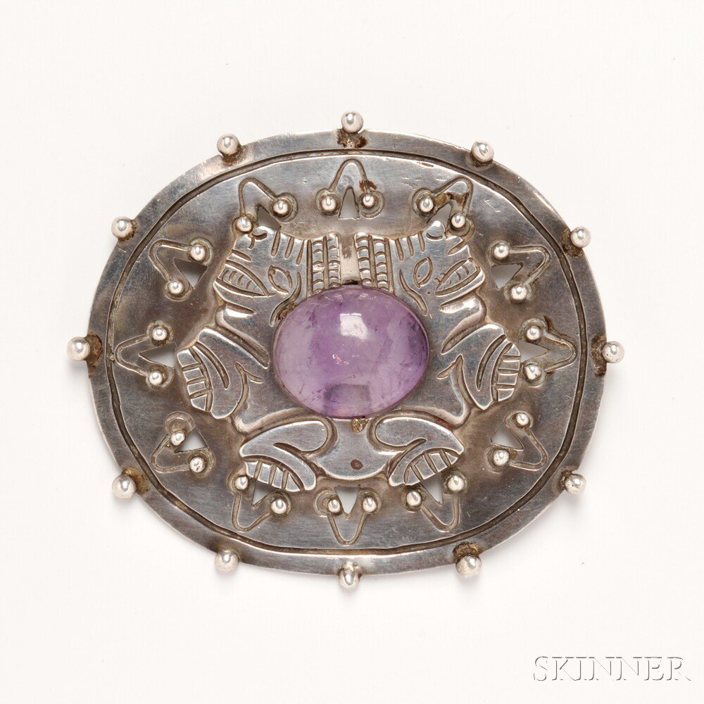 Appraisal: William Spratling Sterling Silver and Amethyst Brooch Taxco - the