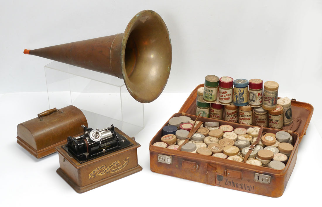 Appraisal: EDISON CYLINDER PHONOGRAPH HORN CYLINDERS Edison Standard Phonograph with oak