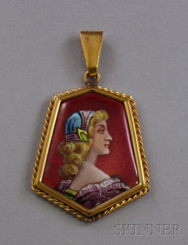 Appraisal: Limoges Gilt-Metal Foil and Enamel Hand-Painted Pendant signed Ls Clement