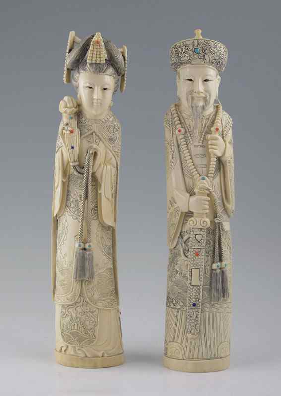 Appraisal: CARVED IVORY KING AND QUEEN TUSKS To include King with