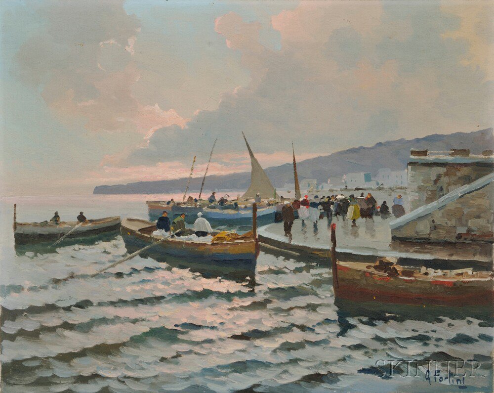 Appraisal: Andrea Fortini Italian - Fishing Boats Ashore at Dusk Signed