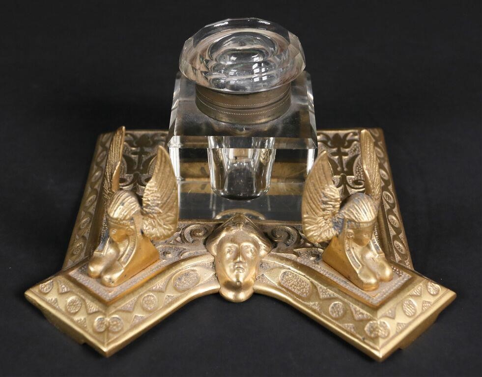 Appraisal: EGYPTIAN REVIVAL GILT BRONZE INKWELLGilt bronze base with geometric and