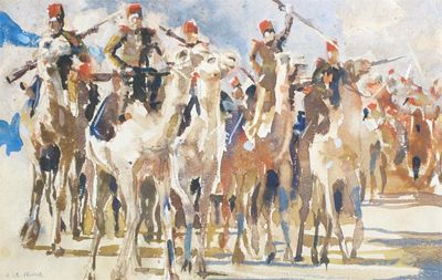 Appraisal: James Le Jeune - Soldiers on camels in North Africa