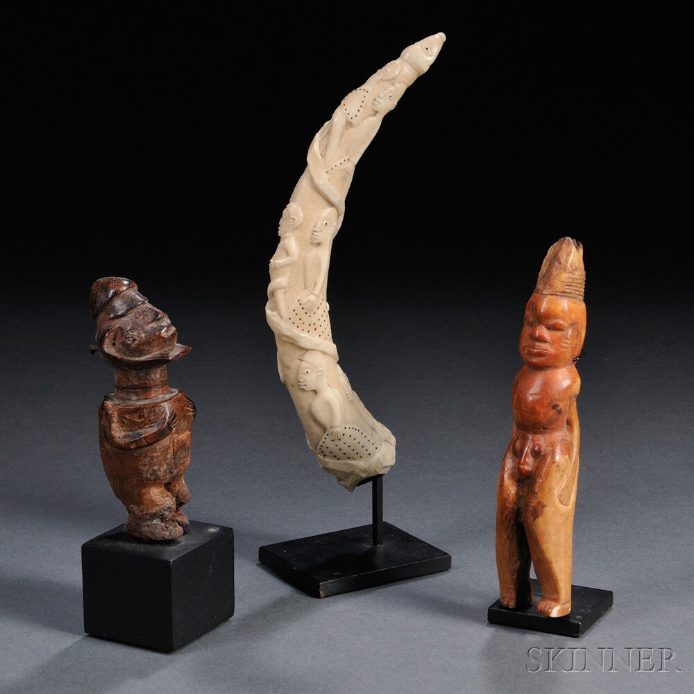 Appraisal: Three African Items a small ivory carving with spiral relief-carved