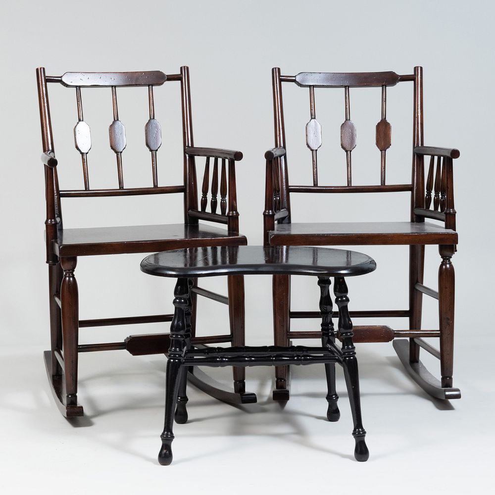 Appraisal: Pair of Rustic Stained Wood Rocking Chairs Together with an