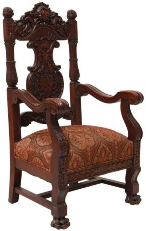 Appraisal: Oversized Baroque style armchair th c in a mahogany finish