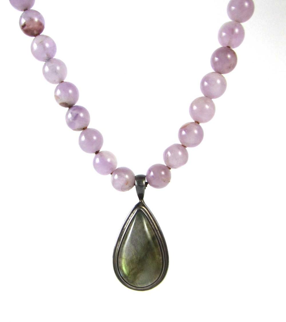 Appraisal: LAVENDER JADE LABRADORITE AND STERLING SILVER NECKLACE - hand-knotted strand