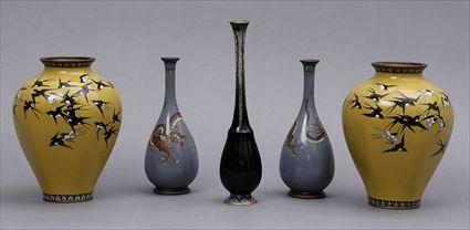 Appraisal: TWO PAIRS OF JAPANESE CLOISONNE VASES AND A SINGLE BUD