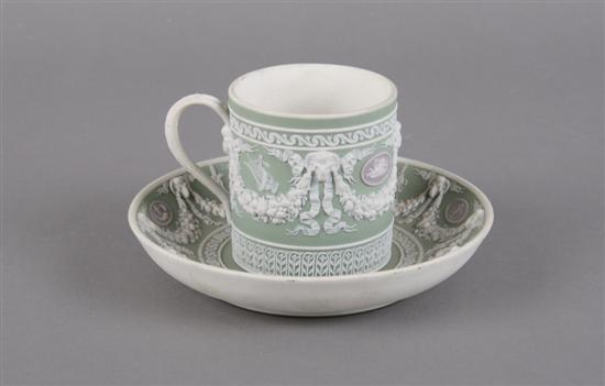 Appraisal: An English Jasperware Three Color Coffee Can and Saucer Wedgwood