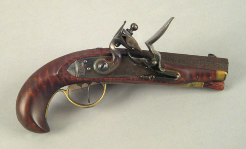 Appraisal: American flintlock pistol early th c with a tiger maple