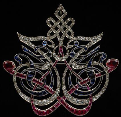 Appraisal: PLATINUM BROOCH SET WITH DIAMONDS RUBIES AND SAPPHIRES x in