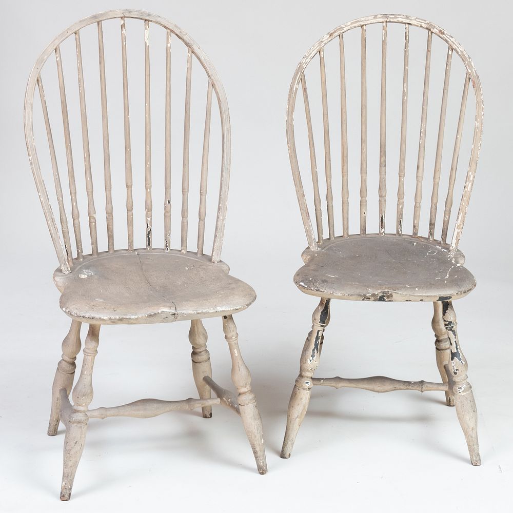 Appraisal: Pair of Grey Painted Bow-Back Windsor Side Chairs x x