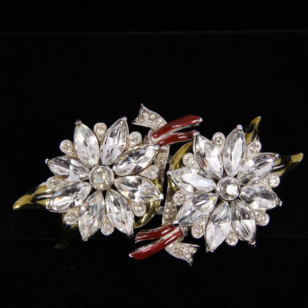 Appraisal: Coro Clear Rhinestone Enamel Floral Duette Clip Pin W