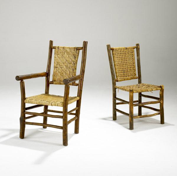 Appraisal: OLD HICKORYTwo rustic chairs one arm- one side-UnmarkedArmchair x x