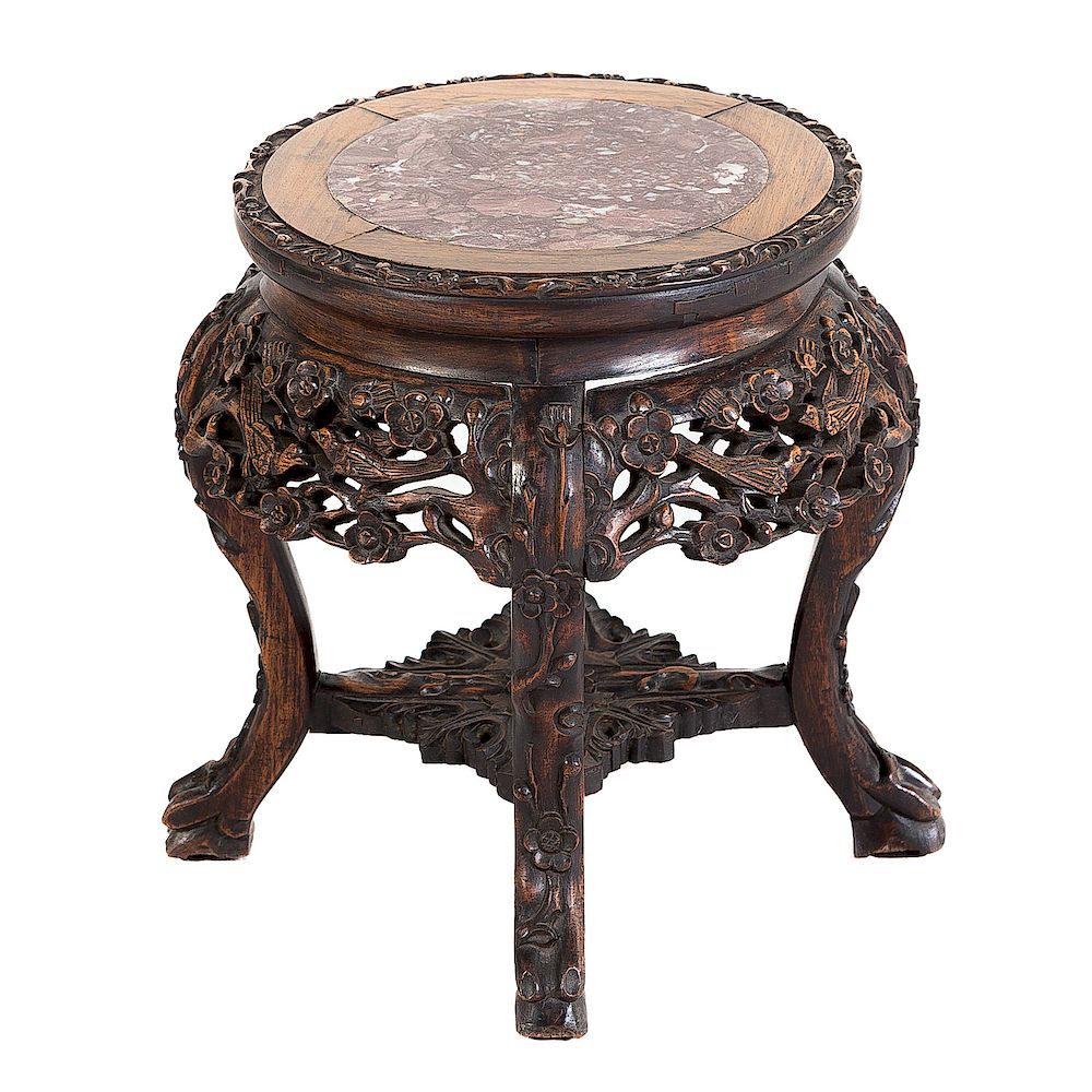 Appraisal: Chinese Carved Wood Marble Top Fern Stand th century languedoc