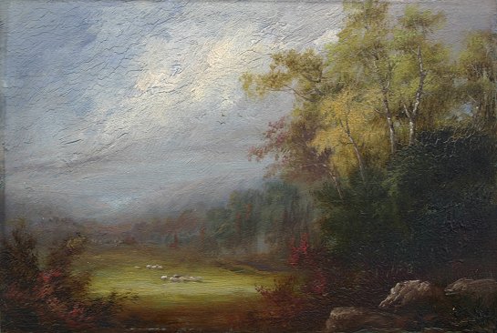 Appraisal: AMERICAN SCHOOL VALLEY LANDSCAPE WITH SHEEP No RUSSELL MASS Oil