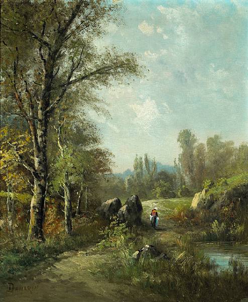 Appraisal: Damarin A wooded landscape with a figure by a stream