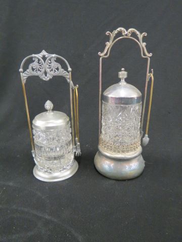 Appraisal: Victorian Silverplate Pickle Castors pattern glass inserts with tongs