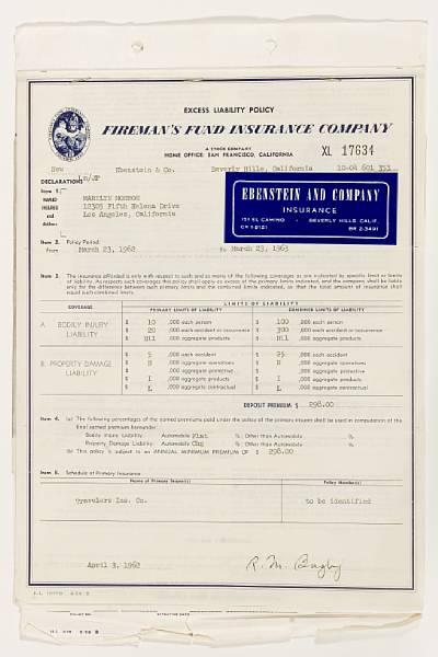 Appraisal: A Marilyn Monroe insurance policy from Fireman's Fund Insurance Company