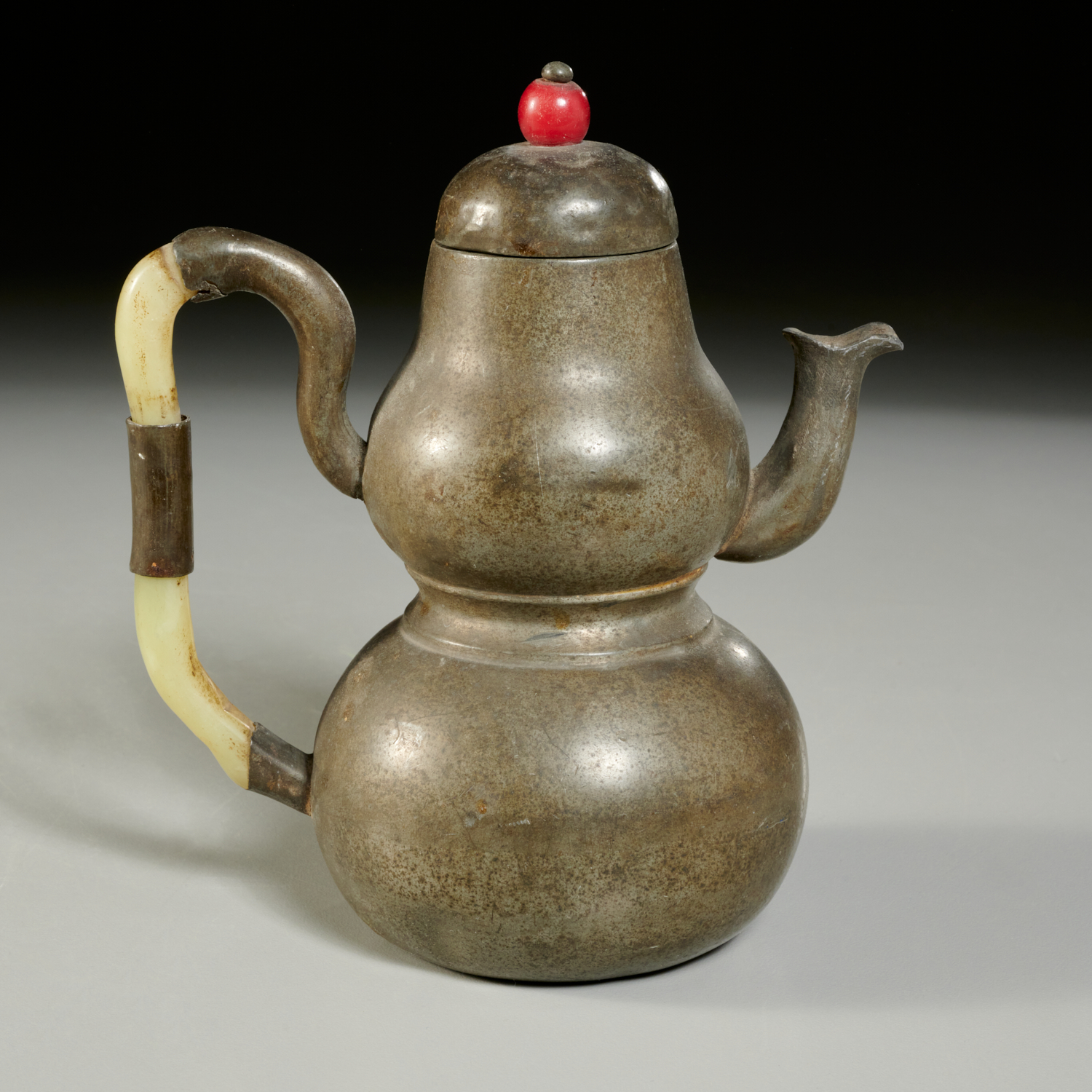 Appraisal: CHINESE JADE MOUNTED PEWTER DOUBLE GOURD TEAPOT th c with