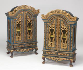 Appraisal: Chinese inspired diminuitive cabinets Pair of diminuitive paint-decorated and parcel