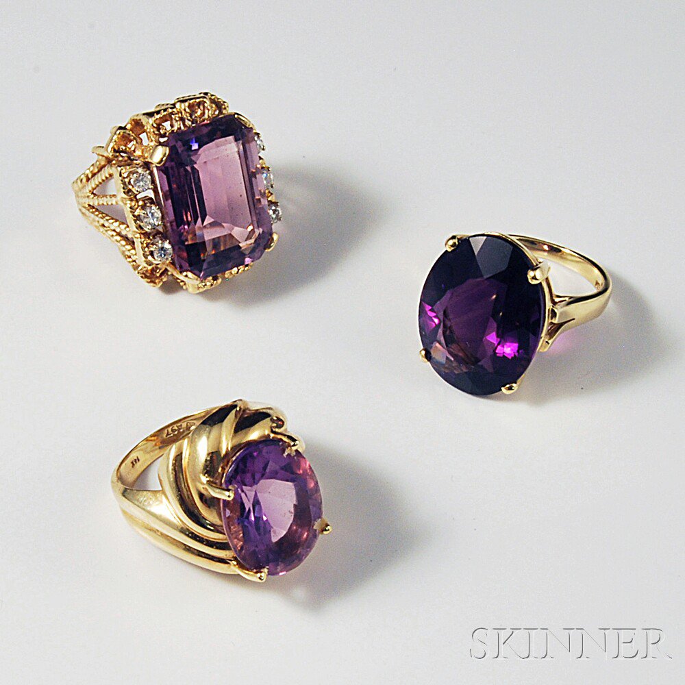 Appraisal: Three kt Gold and Amethyst Rings one set with six