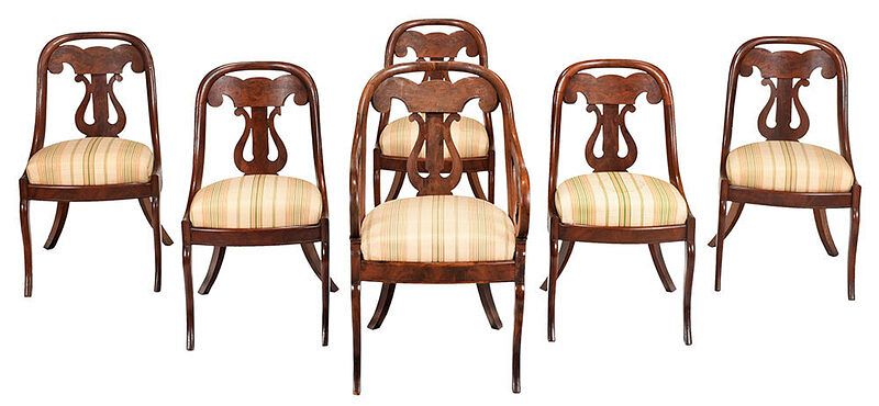 Appraisal: Set of Six Classical Figured Mahogany Chairs New York possibly