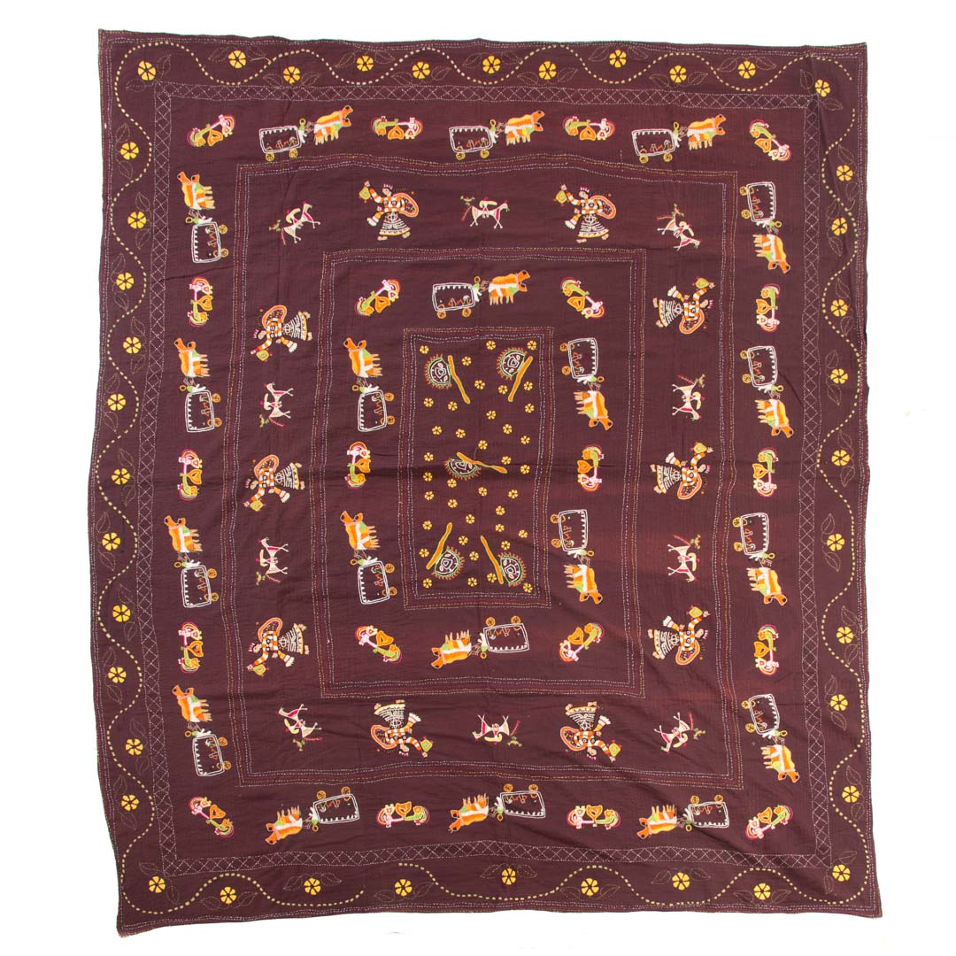 Appraisal: Kantha cotton bed cover th century chocolate brown ground with