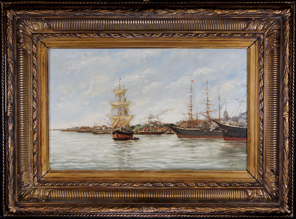 Appraisal: French Harbor Painting Signed E Boudin French Harbor Painting Signed