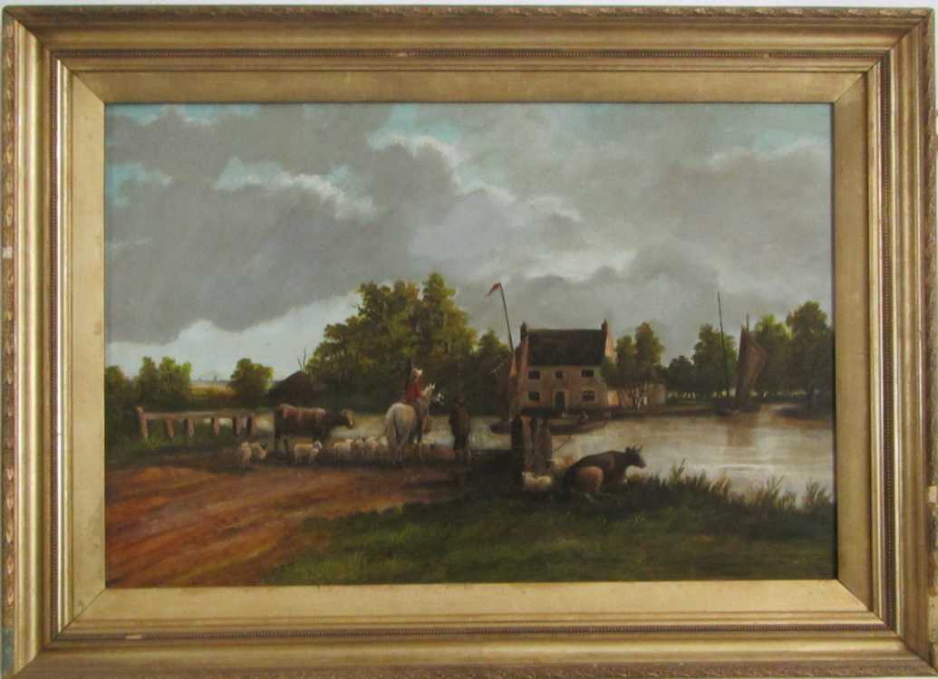 Appraisal: OIL ON BOARD European landscape with ferry crossing livestock and