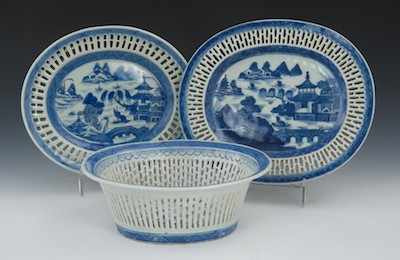 Appraisal: Three Reticulated Canton Porcelains Lot includes a chestnut bowl T