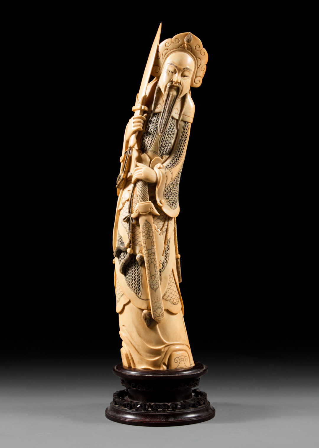 Appraisal: Japanese carved ivory guardian figure th century large and detailed