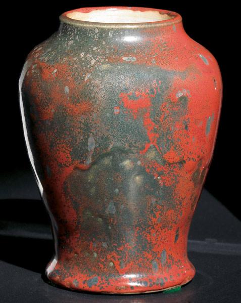 Appraisal: DEDHAM Experimental bulbous vase by Hugh Robertson covered in red