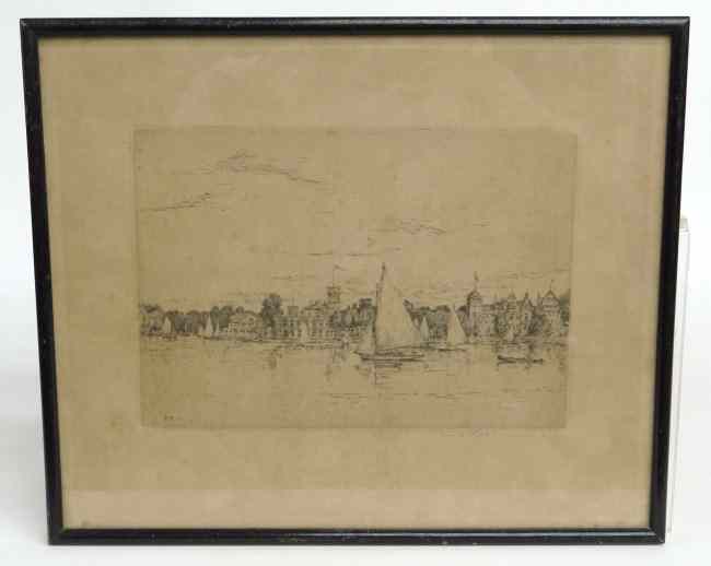 Appraisal: th c etching sailboats signed illegibly Sight '' x ''